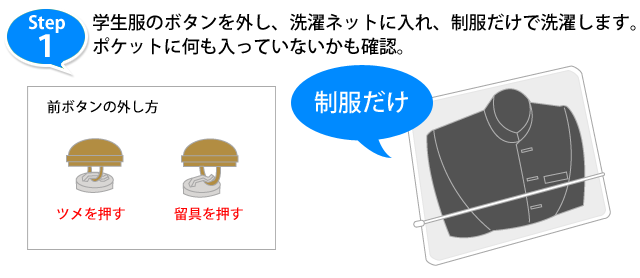 １．学生服のボタンを外し、洗濯ネットに入れ、制服だけで洗濯します。ポケットに何も入っていないかも確認。